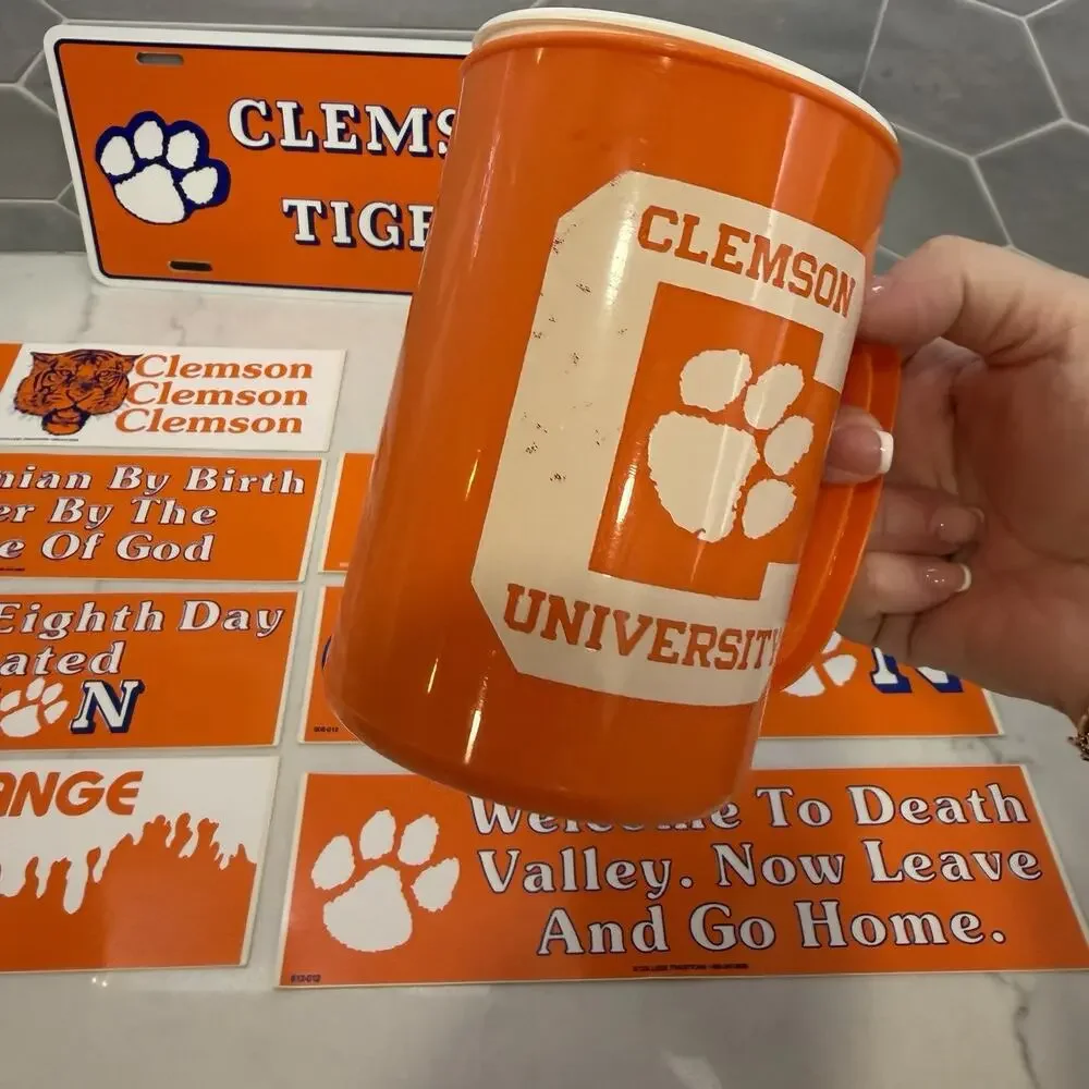 Vintage Clemson Tigers Fan Lot License Plate Bumper Sticker Travel Mug Sippy Cup